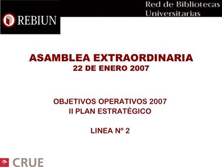 ASAMBLEA EXTRAORDINARIA 22 DE ENERO 2007 OBJETIVOS OPERATIVOS 2007 II PLAN ESTRATÉGICO LINEA Nº 2.