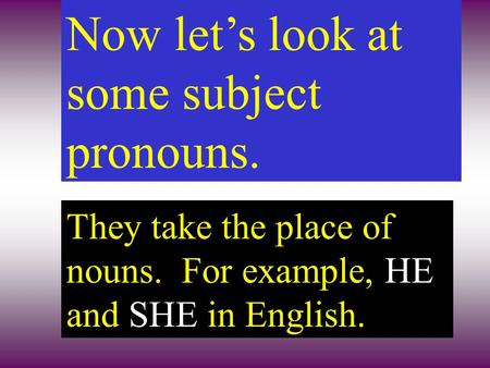 They take the place of nouns. For example, HE and SHE in English. Now lets look at some subject pronouns.