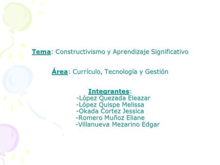 Tema: Constructivismo y Aprendizaje Significativo Área: Currículo, Tecnología y Gestión Integrantes: -López Quezada Eleazar -López Quispe Melissa.