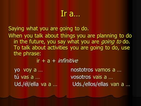 Ir a… Saying what you are going to do. When you talk about things you are planning to do in the future, you say what you are going to do. To talk about.