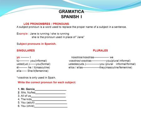 GRAMATICA SPANISH I LOS PRONOMBRES / PRONOUNS: