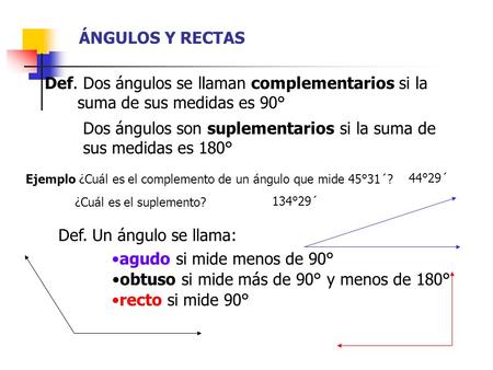 Dos ángulos son suplementarios si la suma de sus medidas es 180°