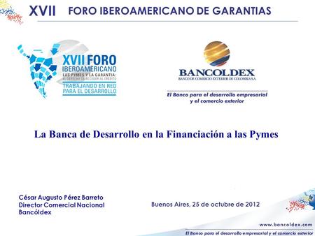 La Banca de Desarrollo en la Financiación a las Pymes XVII FORO IBEROAMERICANO DE GARANTIAS César Augusto Pérez Barreto Director Comercial Nacional Bancóldex.