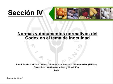 Sección IV Normas y documentos normativos del Codex en el tema de inocuidad Servicio de Calidad de los Alimentos y Normas Alimentarias (ESNS) Dirección.