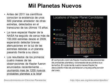 Descubrimientos en Ciencias Planetariashttp://dps.aas.org/education/dpsdisc/ Mil Planetas Nuevos Antes del 2011 los científicos conocían la existencia.
