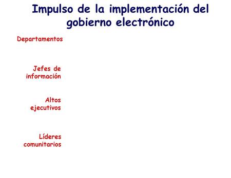 Departamentos Jefes de información Altos ejecutivos Líderes comunitarios Impulso de la implementación del gobierno electrónico.