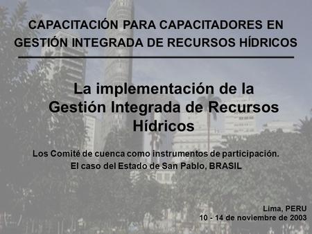 Lima, PERU 10 - 14 de noviembre de 2003 CAPACITACIÓN PARA CAPACITADORES EN GESTIÓN INTEGRADA DE RECURSOS HÍDRICOS Los Comité de cuenca como instrumentos.