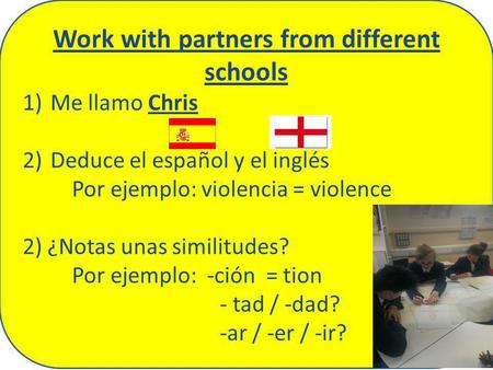 Work with partners from different schools 1)Me llamo Chris 2)Deduce el español y el inglés Por ejemplo: violencia = violence 2) ¿Notas unas similitudes?