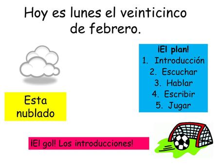 Hoy es lunes el veinticinco de febrero. ¡El plan! 1.Introducción 2.Escuchar 3.Hablar 4.Escribir 5.Jugar Esta nublado ¡El gol! Los introducciones!