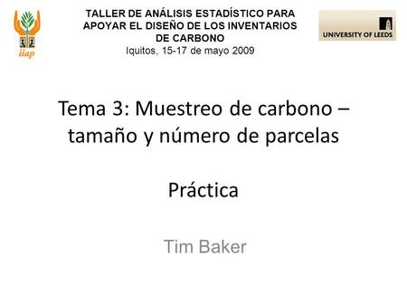 TALLER DE ANÁLISIS ESTADÍSTICO PARA APOYAR EL DISEÑO DE LOS INVENTARIOS DE CARBONO Iquitos, 15-17 de mayo 2009 Tim Baker Tema 3: Muestreo de carbono –