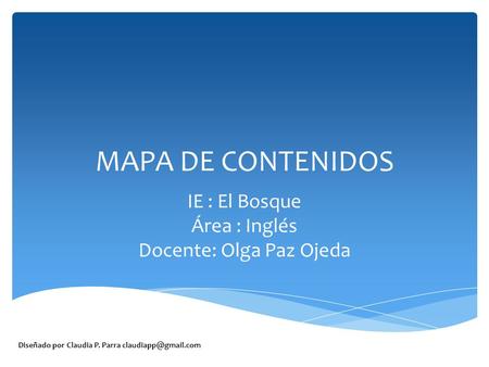 MAPA DE CONTENIDOS IE : El Bosque Área : Inglés Docente: Olga Paz Ojeda Diseñado por Claudia P. Parra