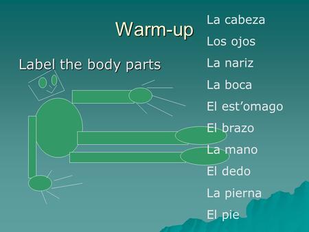 Warm-up Label the body parts La cabeza Los ojos La nariz La boca El est’omago El brazo La mano El dedo La pierna El pie.