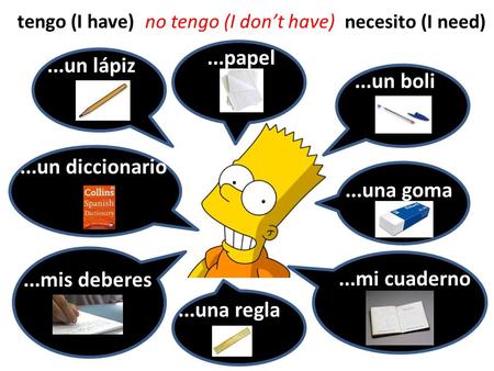 ...papel ...un lápiz ...un boli ...un diccionario ...una goma