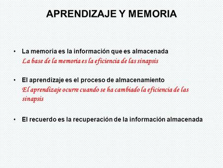 APRENDIZAJE Y MEMORIA La memoria es la información que es almacenada La base de la memoria es la eficiencia de las sinapsis El aprendizaje es el proceso.