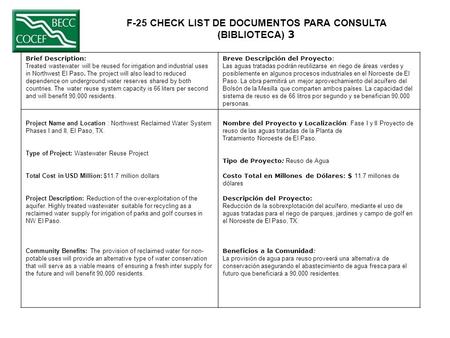 F-25 CHECK LIST DE DOCUMENTOS PARA CONSULTA (BIBLIOTECA) 3 Brief Description: Treated wastewater will be reused for irrigation and industrial uses in Northwest.