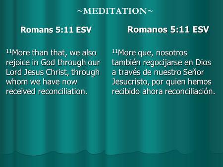 ~MEDITATION~ Romans 5:11 ESV Romans 5:11 ESV 11 More than that, we also rejoice in God through our Lord Jesus Christ, through whom we have now received.