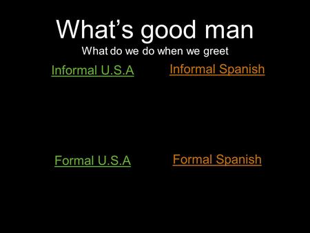 What’s good man What do we do when we greet Informal U.S.A Formal U.S.A Informal Spanish Formal Spanish.