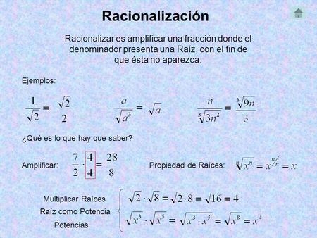 Racionalización Racionalizar es amplificar una fracción donde el denominador presenta una Raíz, con el fin de que ésta no aparezca. Ejemplos: ¿Qué es lo.