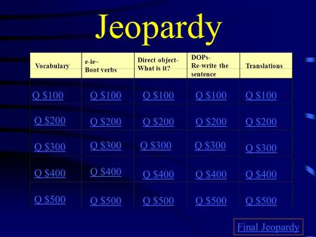 Jeopardy Vocabulary e-ie~ Boot verbs Direct object- What is it? DOPs- Re-write the sentence Translations Q $100 Q $200 Q $300 Q $400 Q $500 Q $100 Q $200.