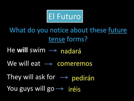 He will swim We will eat They will ask for nadará comeremos pedirán El Futuro You guys will go iréis What do you notice about these future tense forms?
