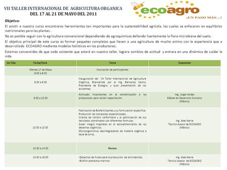 VII TALLER INTERNACIONAL DE AGRICULTURA ORGANICA DEL 17 AL 21 DE MAYO DEL 2011 Objetivo: El asistir a nuestro curso encontraras herramientas tan importantes.