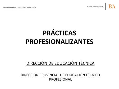 DIRECCIÓN GENERAL DE CULTURA Y EDUCACIÓN PRÁCTICAS PROFESIONALIZANTES DIRECCIÓN DE EDUCACIÓN TÉCNICA DIRECCIÓN PROVINCIAL DE EDUCACIÓN TÉCNICO PROFESIONAL.