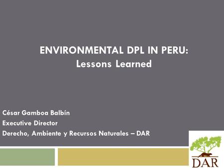 ENVIRONMENTAL DPL IN PERU: Lessons Learned César Gamboa Balbín Executive Director Derecho, Ambiente y Recursos Naturales – DAR.