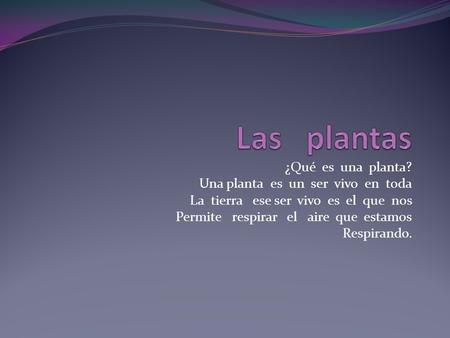 ¿Qué es una planta? Una planta es un ser vivo en toda La tierra ese ser vivo es el que nos Permite respirar el aire que estamos Respirando.