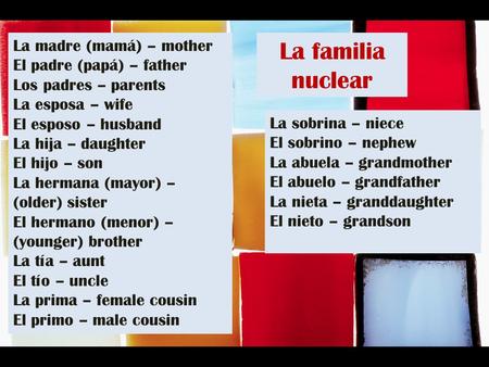 La familia nuclear La madre (mamá) – mother El padre (papá) – father