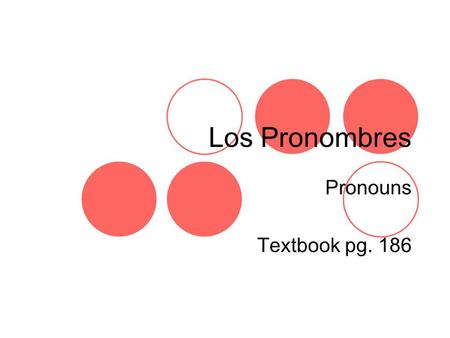 Los Pronombres Pronouns Textbook pg. 186. Outline 1.Single Verb Object Placement 2.Progressive Tense 3.Ir a + Infinitive 4.Tener que + Infinitive 5.Verb.