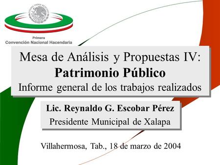 Villahermosa, Tab., 18 de marzo de 2004 Mesa de Análisis y Propuestas IV: Patrimonio Público Informe general de los trabajos realizados Lic. Reynaldo G.