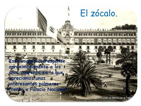 El zócalo. Esta imagen corresponde aproximadamente a los años cuarenta en la que apreciamos unas interesantes palmeras frente a Palacio Nacional.
