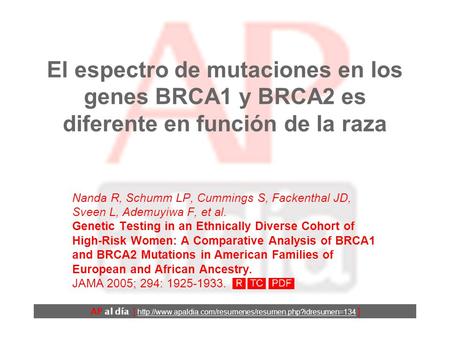 El espectro de mutaciones en los genes BRCA1 y BRCA2 es diferente en función de la raza Nanda R, Schumm LP, Cummings S, Fackenthal JD, Sveen L, Ademuyiwa.