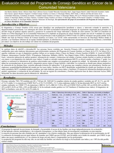Evaluación inicial del Programa de Consejo Genético en Cáncer de la Comunidad Valenciana Ana Beatriz Sánchez Heras1, Dolores Salas Trejo2, Dolores Cuevas.