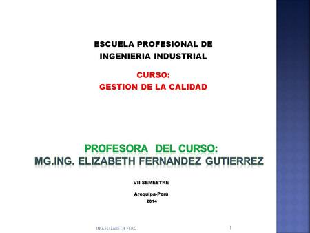 ESCUELA PROFESIONAL DE INGENIERIA INDUSTRIAL CURSO: GESTION DE LA CALIDAD ING.ELIZABETH FERG 1.