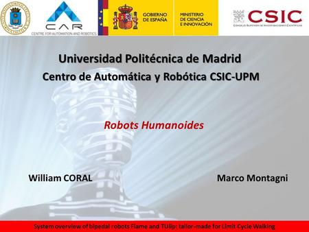 System overview of bipedal robots Flame and TUlip: tailor-made for Limit Cycle Walking Robots Humanoides Centro de Automática y Robótica CSIC-UPM Universidad.