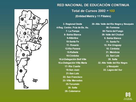 RED NACIONAL DE EDUCACIÓN CONTINUA Total de Cursos 2002 = 103 ( (Entidad Matriz y 11 Filiales) Por un niño sano en un mundo mejor 30- Alto Valle del Río.