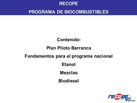 PROGRAMA DE BIOCOMBUSTIBLES Fundamentos para el programa nacional