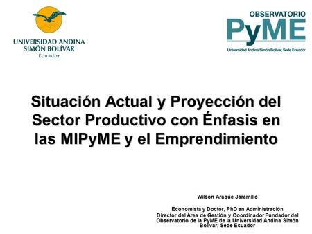 Situación Actual y Proyección del Sector Productivo con Énfasis en las MIPyME y el Emprendimiento Wilson Araque Jaramillo Economista y Doctor, PhD en Administración.