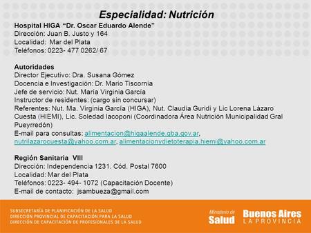 Especialidad: Nutrición