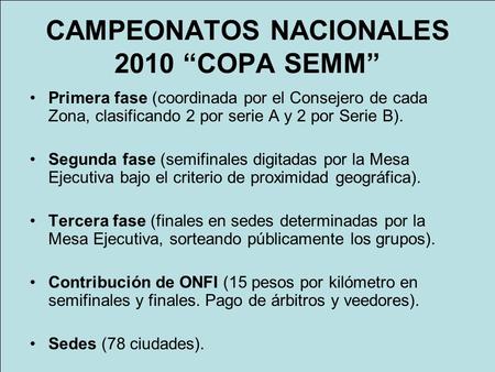 CAMPEONATOS NACIONALES 2010 “COPA SEMM” Primera fase (coordinada por el Consejero de cada Zona, clasificando 2 por serie A y 2 por Serie B). Segunda fase.