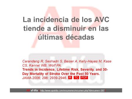 La incidencia de los AVC tiende a disminuir en las últimas décadas AP al día [  ] Carandang R,