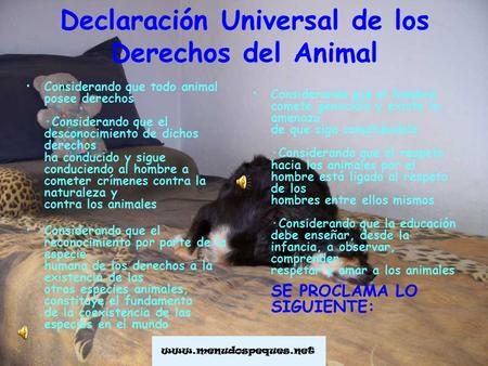 Declaración Universal de los Derechos del Animal Considerando que todo animal posee derechos ·Considerando que el desconocimiento de dichos derechos ha.