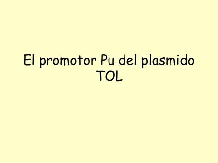 El promotor Pu del plasmido TOL. CH3 COOH CH3 OH CH3 TCA Xyl UWCMABN Operón superior (upper) Xyl XYZL toluato dioxigenasa Xyl TEGFJQKIH C2,3O et al Operón.