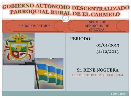 PERIODO: 01/01/2013 31/12/2013 Sr. RENE NOGUERA PRESIDENTE DEL GAD PARROQUIAL 28/03/2014 1 SIMBOLOS PATRIOS INFOME DE RENDICION DE CUENTAS.