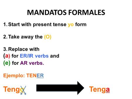 MANDATOS FORMALES 1.Start with present tense yo form 2.Take away the (O) 3.Replace with (a ) for ER/IR verbs and (e) for AR verbs. Ejemplo: TENER Tengo.