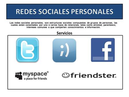 Servicios Las redes sociales personales, son estructuras sociales compuestas de grupos de personas, las cuales están conectadas por uno o varios tipos.