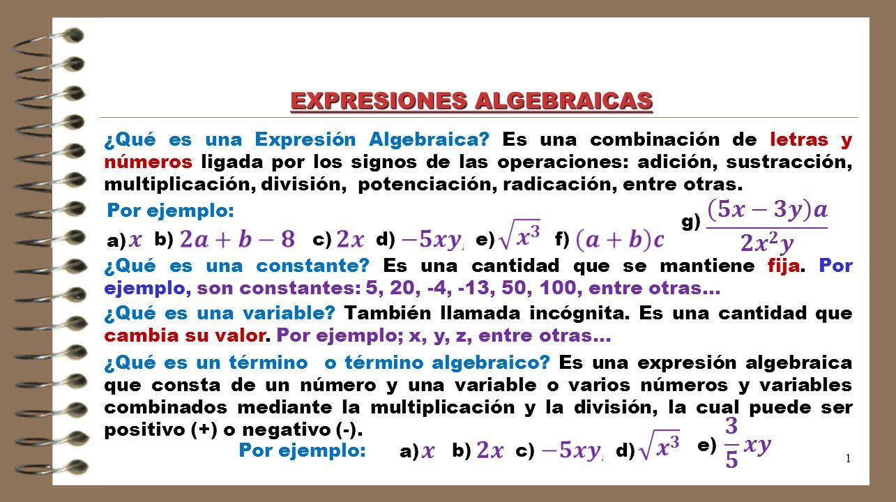 difícil Todo el tiempo Reparador 1 EXPRESIONES ALGEBRAICAS Por ejemplo: ¿Qué es una Expresión Algebraica? Es  una combinación de letras y números ligada por los signos de las  operaciones: - ppt descargar