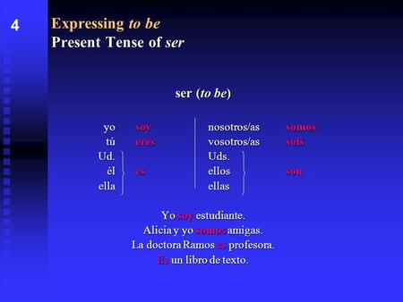 Present Tense of ser Expressing to be Present Tense of ser ser (to be) yosoynosotros/assomos túeresvosotros/assois Ud.Uds. élesellosson ellaellas Yo soy.