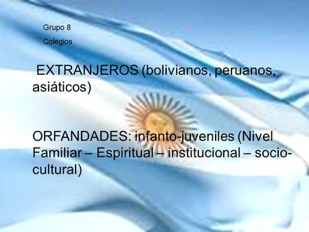 EXTRANJEROS (bolivianos, peruanos, asiáticos) ORFANDADES: infanto-juveniles (Nivel Familiar – Espiritual – institucional – socio- cultural) Grupo 8 Colegios.